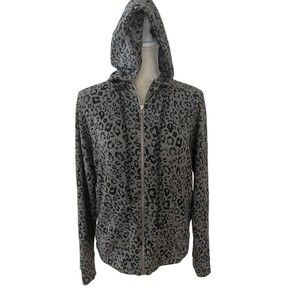 Sundry Women's Hoodie 1 Gray Black Leopard Full Zip Oversized Animal‎ Print Soft